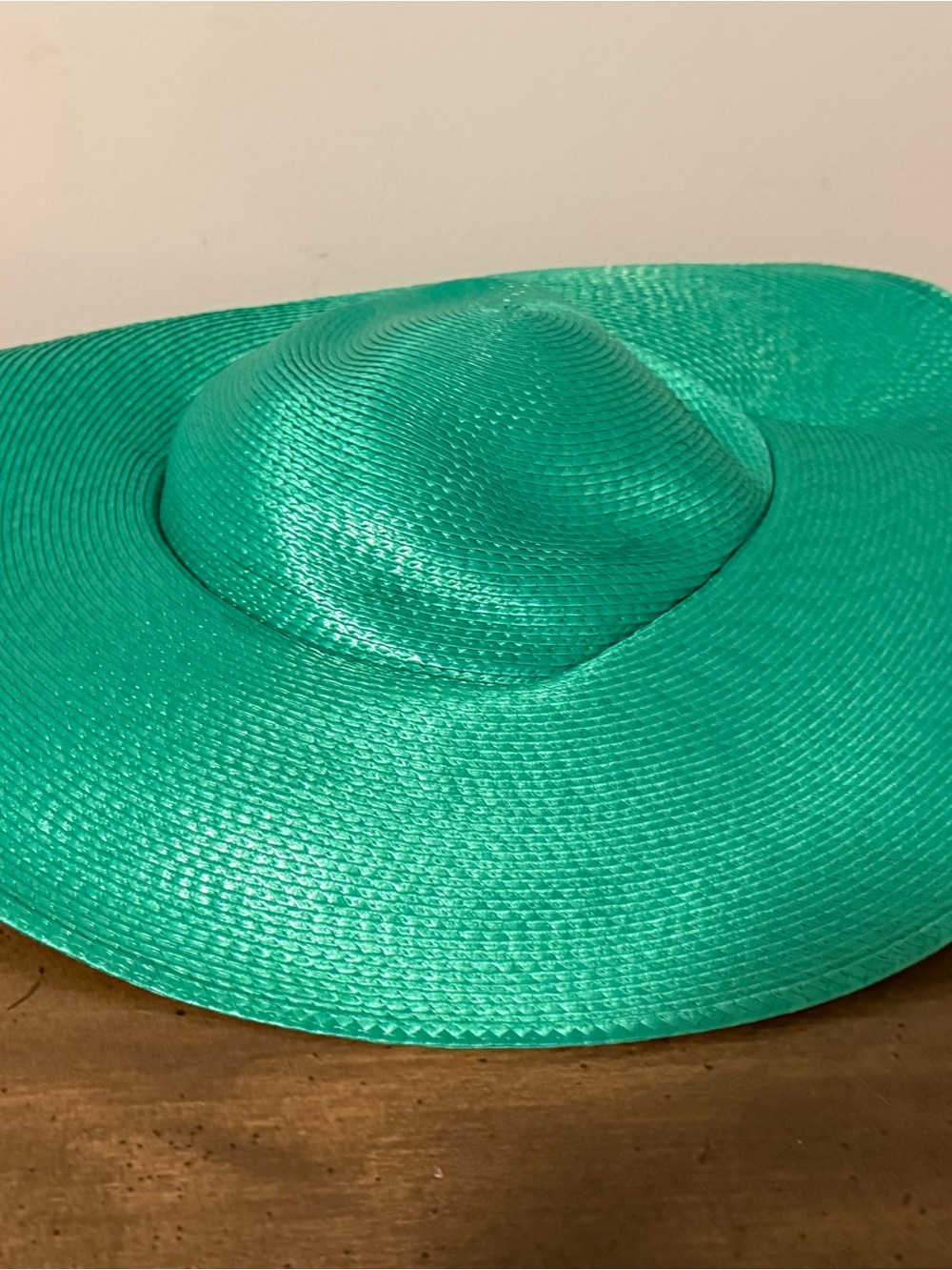Vintage Gloria Durant Mint Green Straw Wide Brim Hat | Black Beaded Leaf